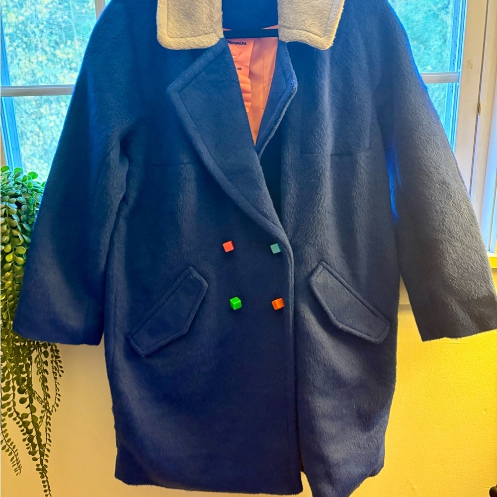 Stylish Blue Coat with Colorful Buttons